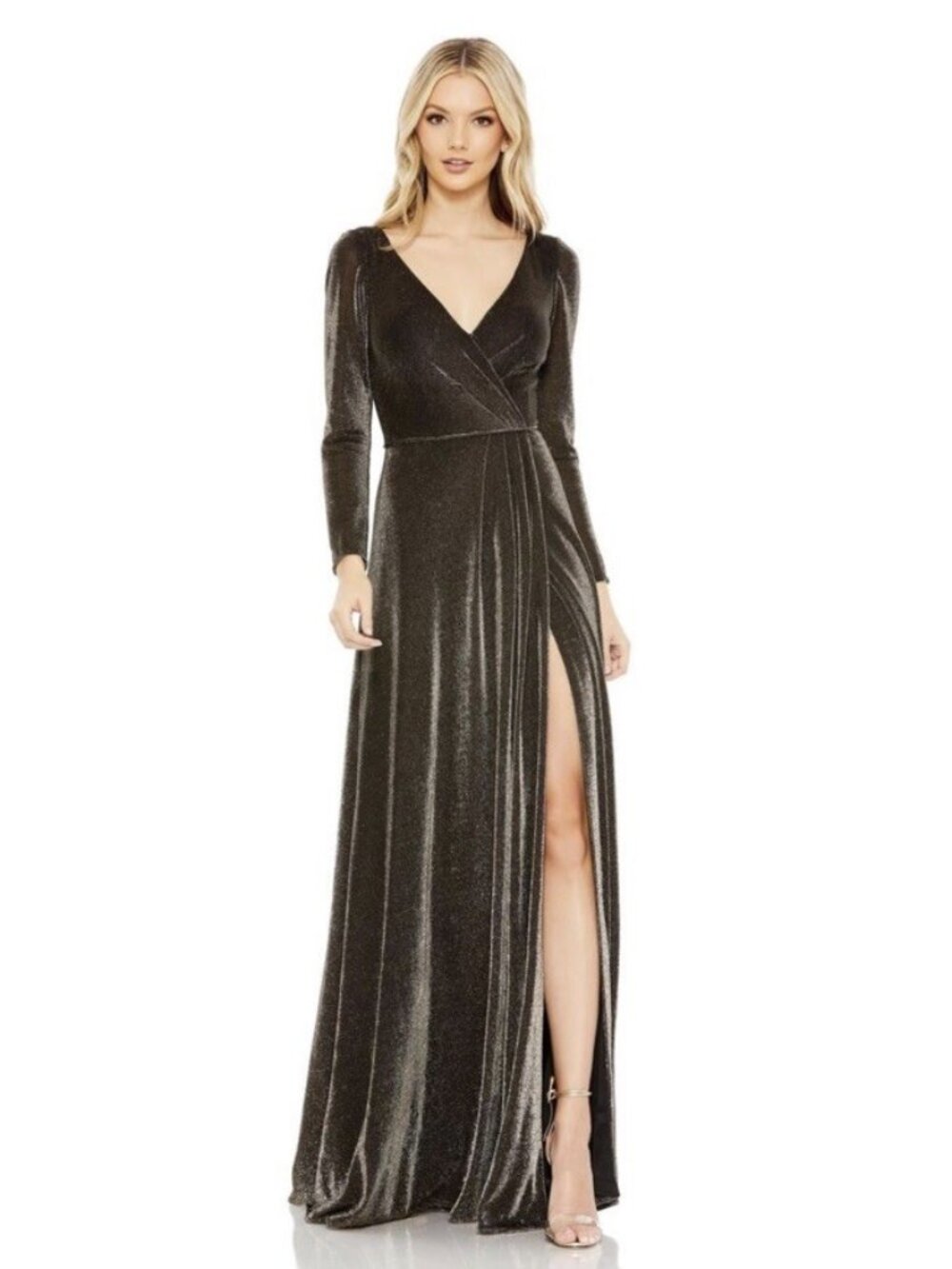 Mac Duggal Size 8 Black Gold 49088 Long Sleeve Faux Wrap A Line Gown Dress NWT